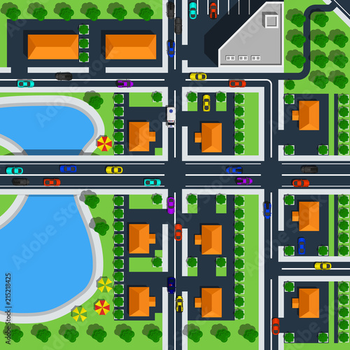 Top view city map includes suburb, crossroads, crosswalks and bridge over the lake.