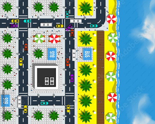 View from above cityscape includes such elements as road, paving stones, crossroads, crosswalks, sidewalks, palms, beach and sea vector illustration.
