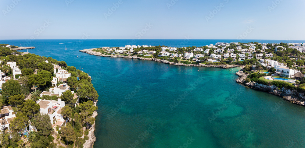 Aerial: Cala D'Or resort town in Mallorca, Spain