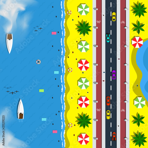 Top view sea coast landscape includes such elements as road, palms, beach, sea, umbrellas and sailing vector illustration.