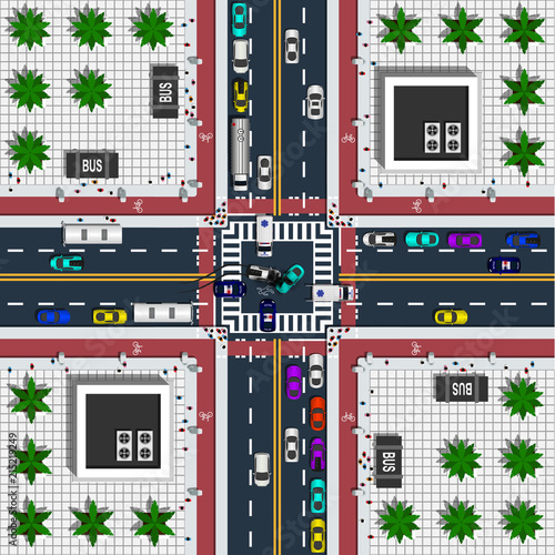 Car accident top view concept. View from above cityscape includes such elements as four way road with traffic jam, crossroad and bike lanes vector illustration.