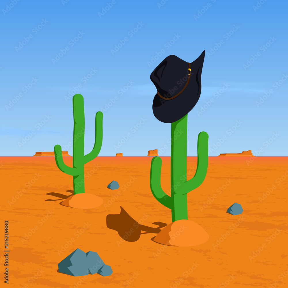 Cowboy hat on cactus in the desert flat vector illustration. Wild west