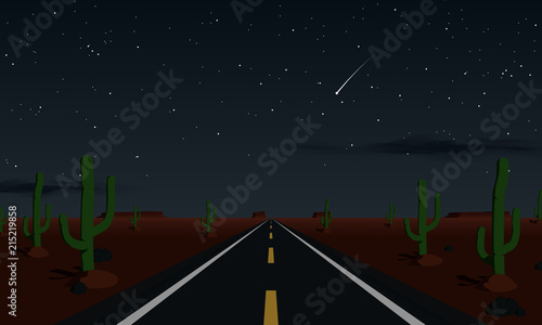 Straight empty road through a desert at night flat vector illustartion. Starry sky concept.