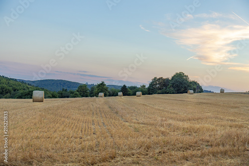 rural landscape with harvested field and sunset
