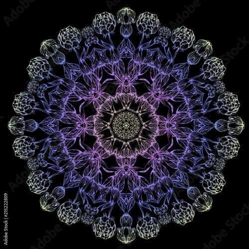 Mandala, coloring books for children and adults, blue purple yellow,  ink, pen capillary, handmade, peony, leaves, flowers, buds, circular pattern, Black background.