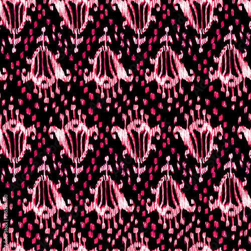 Ikat seamless bohemian ethnic pink and black pattern in watercolour style. Watercolor ikat oriental ornaments for fabric, textile, wrapping