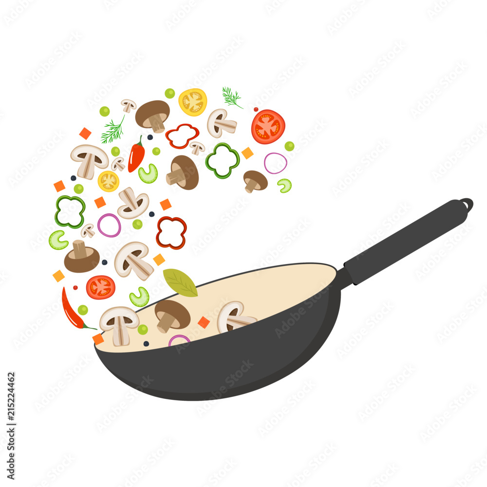 Wok pan, tomato, paprika, pepper, shiitake mushroom and carrots. Asian food. Fresh flying vegetables. Flat vector illustration. - obrazy, fototapety, plakaty 