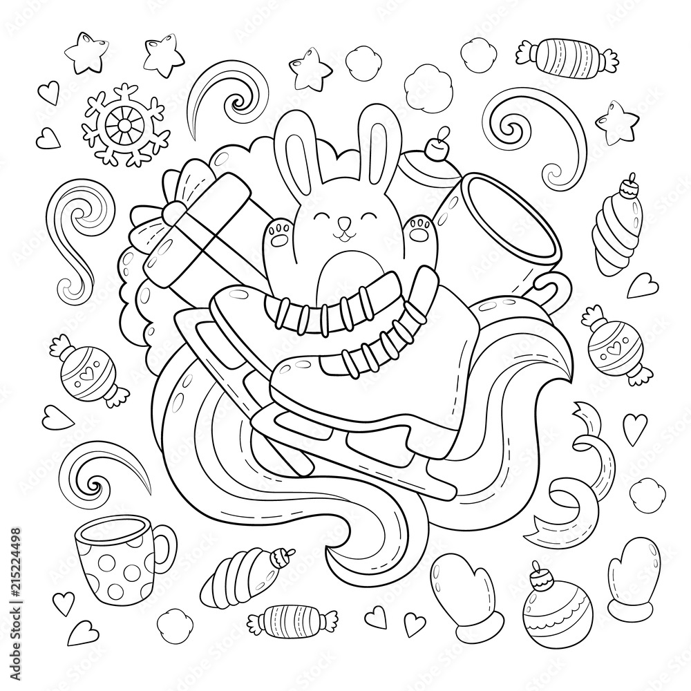 Doodle vector illustration, abstract background, texture, pattern, wallpaper, Collection of New Year Christmas elements and objects set. Freehand sketch for adult anti stress coloring book.