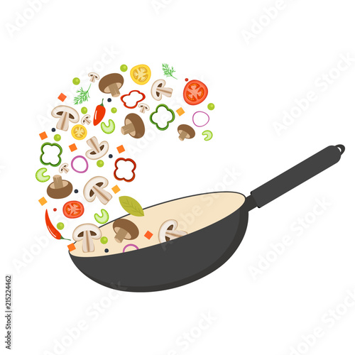 Wok pan, tomato, paprika, pepper, shiitake mushroom and carrots. Asian food. Fresh flying vegetables. Flat vector illustration.