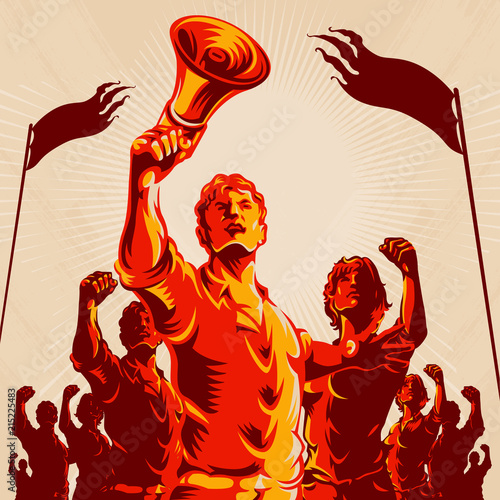 Crowd protest fist revolution poster design. Man leader in front of a crowd holding megaphone. Propaganda Background Style.