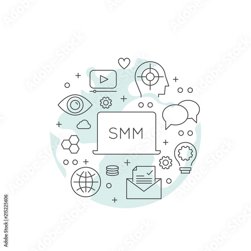 Vector Icon Style Illustration of Social Network Media Marketing Concept. Cloud, sharing, following, target audience, promotion process, Outline Elements with Globe Background