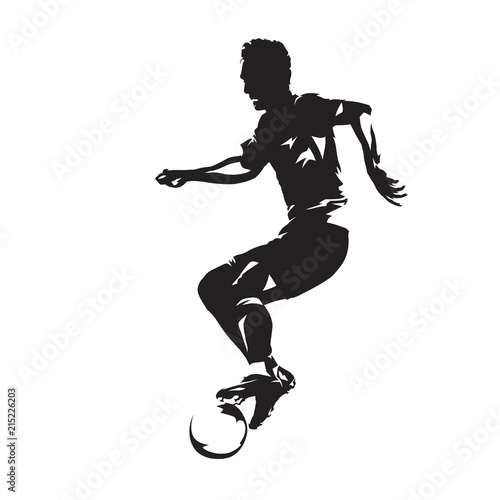 Soccer player with ball  isolated vector slhouette. Fooballer running. Football  team sport