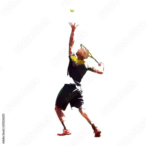 Tennis player serving ball, low poly vector illustration. Isolated vector geometric drawing