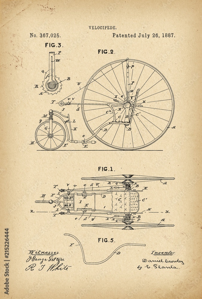Obraz premium 1887 Patent Velocipede Tricycle Bicycle archival history invention