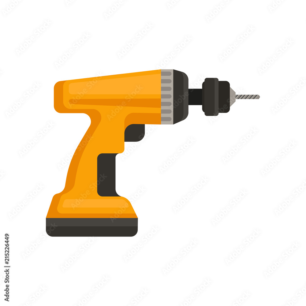 Flat vector icon of orange cordless drill. Power tool for home repair or construction. Element for promo poster or banner Flat vector icon of orange cordless drill. Power tool for home repair or construction. Element for promo poster or banner