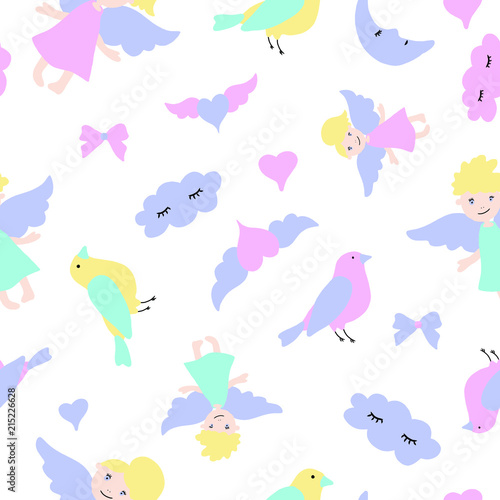 Hand drawn vector illustration colorful seamless pattern cute cartoon pastel color bird, angel, heart, moon and cloud for baby apparel, textile design or decoration