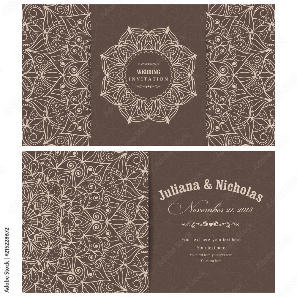 Fototapeta premium Wedding invitation cards Eastern style brown and beige. Arabic Pattern. Mandala ornament. Frame with flowers elements. Vector illustration.