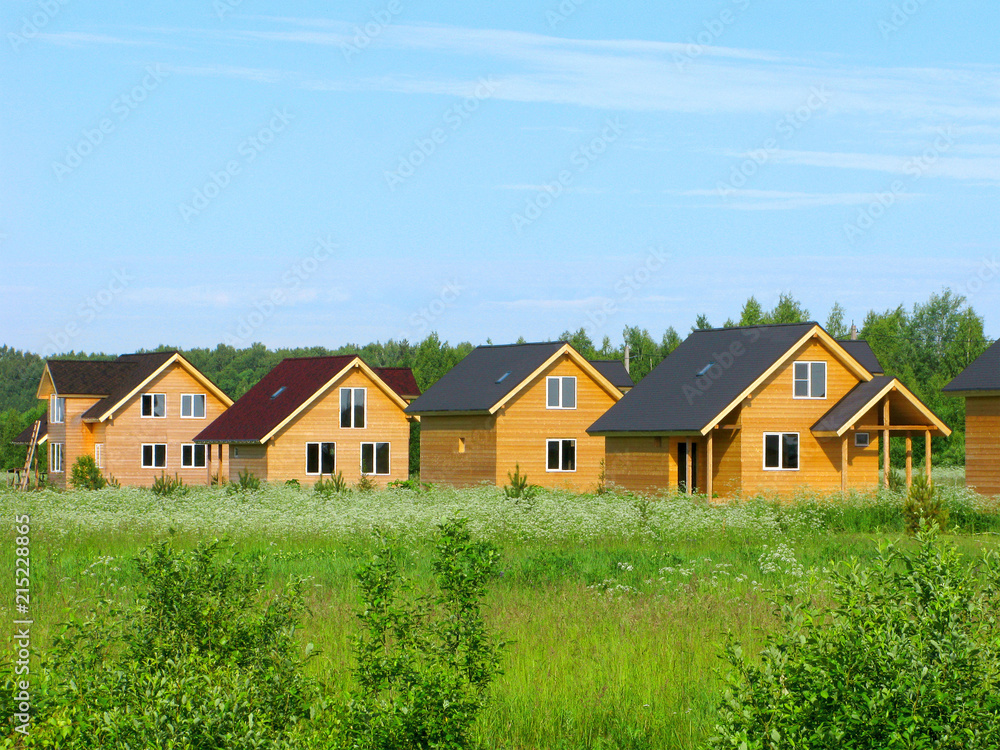 Eco construction in the countryside. New wooden houses on green field in a row. In the background next to the cottages is a forest.