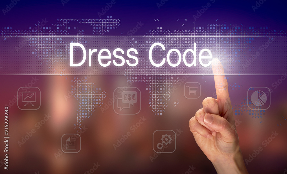 A hand selecting a Dress Code business concept on a clear screen with a colorful blurred background. A hand selecting a Dress Code business concept on a clear screen with a colorful blurred background.