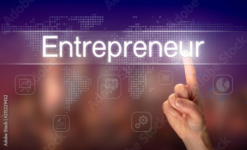 A hand selecting a Entrepreneur business concept on a clear screen with a colorful blurred background.