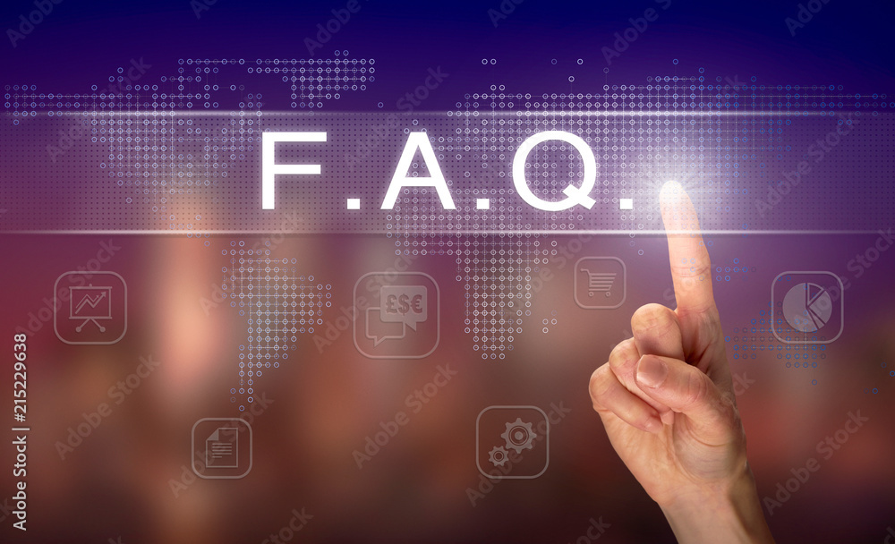 A hand selecting a FAQ business concept on a clear screen with a colorful blurred background. A hand selecting a FAQ business concept on a clear screen with a colorful blurred background.