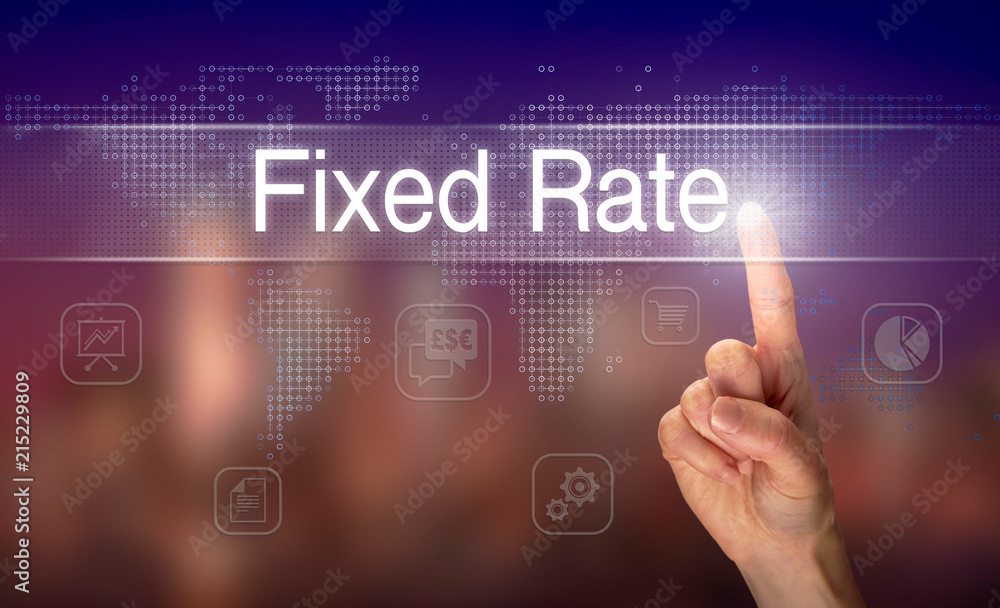 A hand selecting a Fixed Rate business concept on a clear screen with a colorful blurred background.