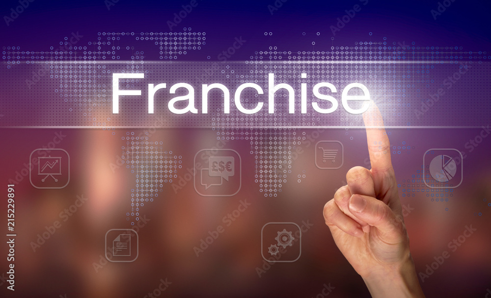 A hand selecting a Franchise business concept on a clear screen with a colorful blurred background.