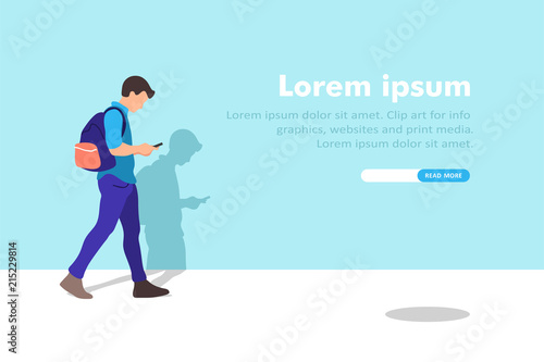 Young man walking on the street. He is using his smart phone. Vector illustration.