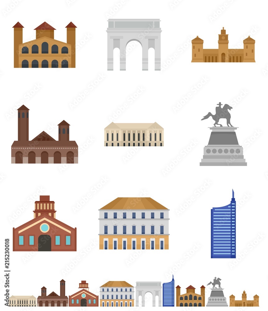 Milan Italy city skyline icons set. Flat illustration of 9 Milan Italy city skyline vector icons isolated on white