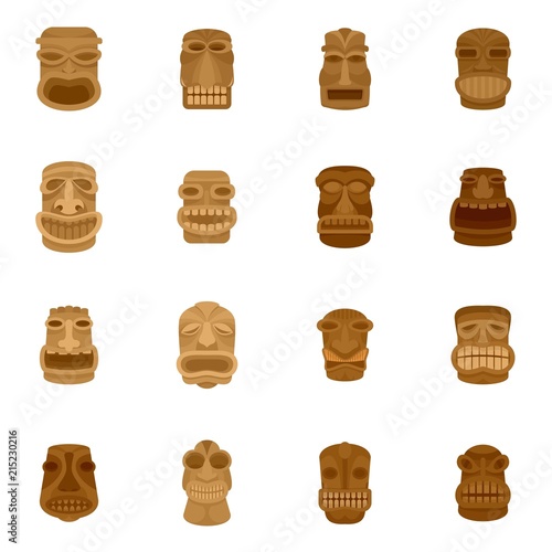 Tiki idol aztec hawaii face icons set. Flat illustration of 16 tiki idol aztec hawaii face vector icons isolated on white