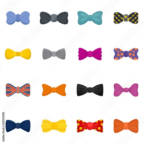 Bowtie ribbon man tuxedo icons set. Flat illustration of 16 bowtie ribbon man tuxedo vector icons isolated on white