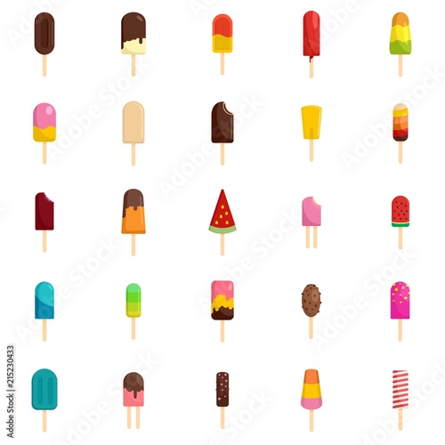 Popsicle ice cream stick icons set. Flat illustration of 25 popsicle ice cream stick vector icons isolated on white