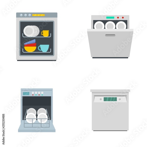 Dishwasher machine kitchen icons set. Flat illustration of 4 dishwasher machine kitchen vector icons isolated on white