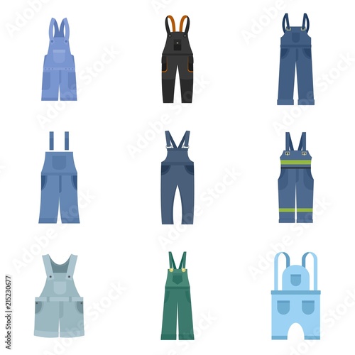 Overalls workwear icons set. Flat illustration of 9 overalls workwear vector icons isolated on white