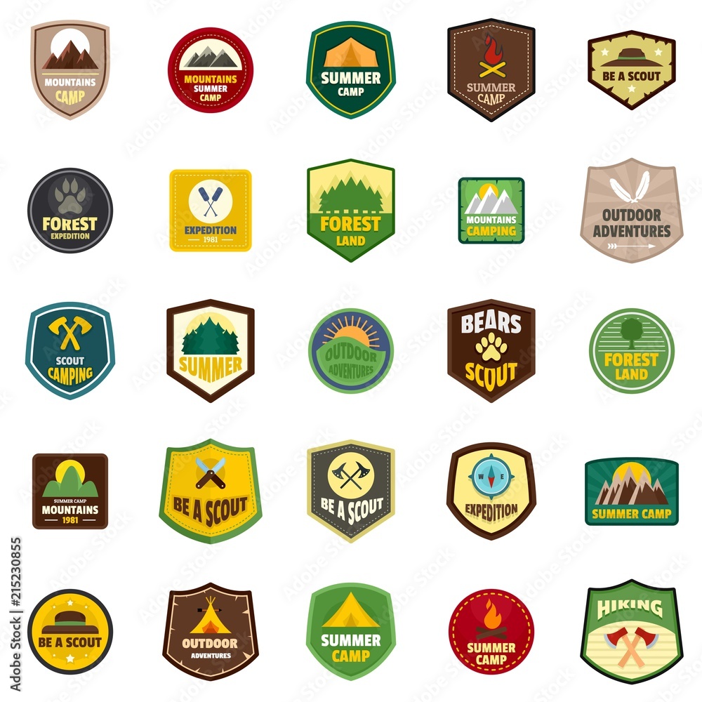 Scout badge emblem stamp icons set. Flat illustration of 25 scout badge emblem stamp vector icons isolated on white