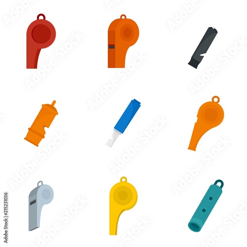 Whistle coaching blow icons set. Flat illustration of 9 whistle coaching blow vector icons isolated on white