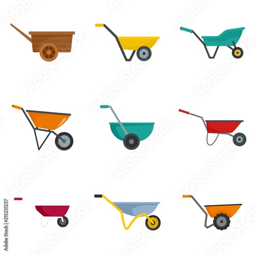 Wheelbarrow garden plant yard icons set. Flat illustration of 9 wheelbarrow garden plant yard vector icons isolated on white