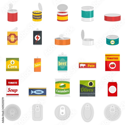 Tin can food package jar icons set. Flat illustration of 25 tin can food package jar vector icons isolated on white