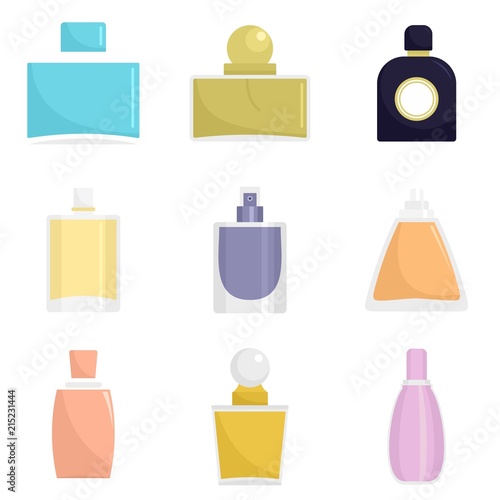 Fragrance bottles aroma flavor perfume icons set. Flat illustration of 9 fragrance bottles aroma flavor perfume vector icons isolated on white