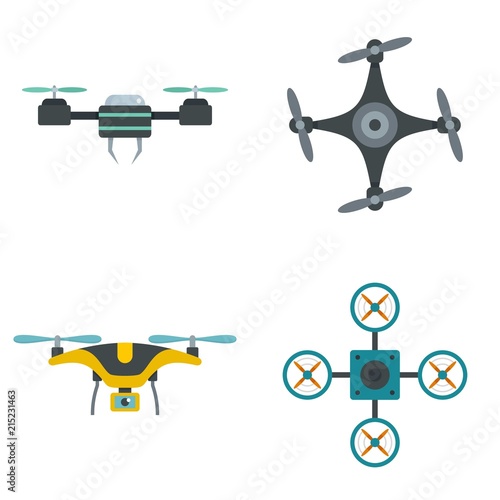 Drone delivery camera quadcopter icons set. Flat illustration of 4 drone delivery camera quadcopter vector icons isolated on white