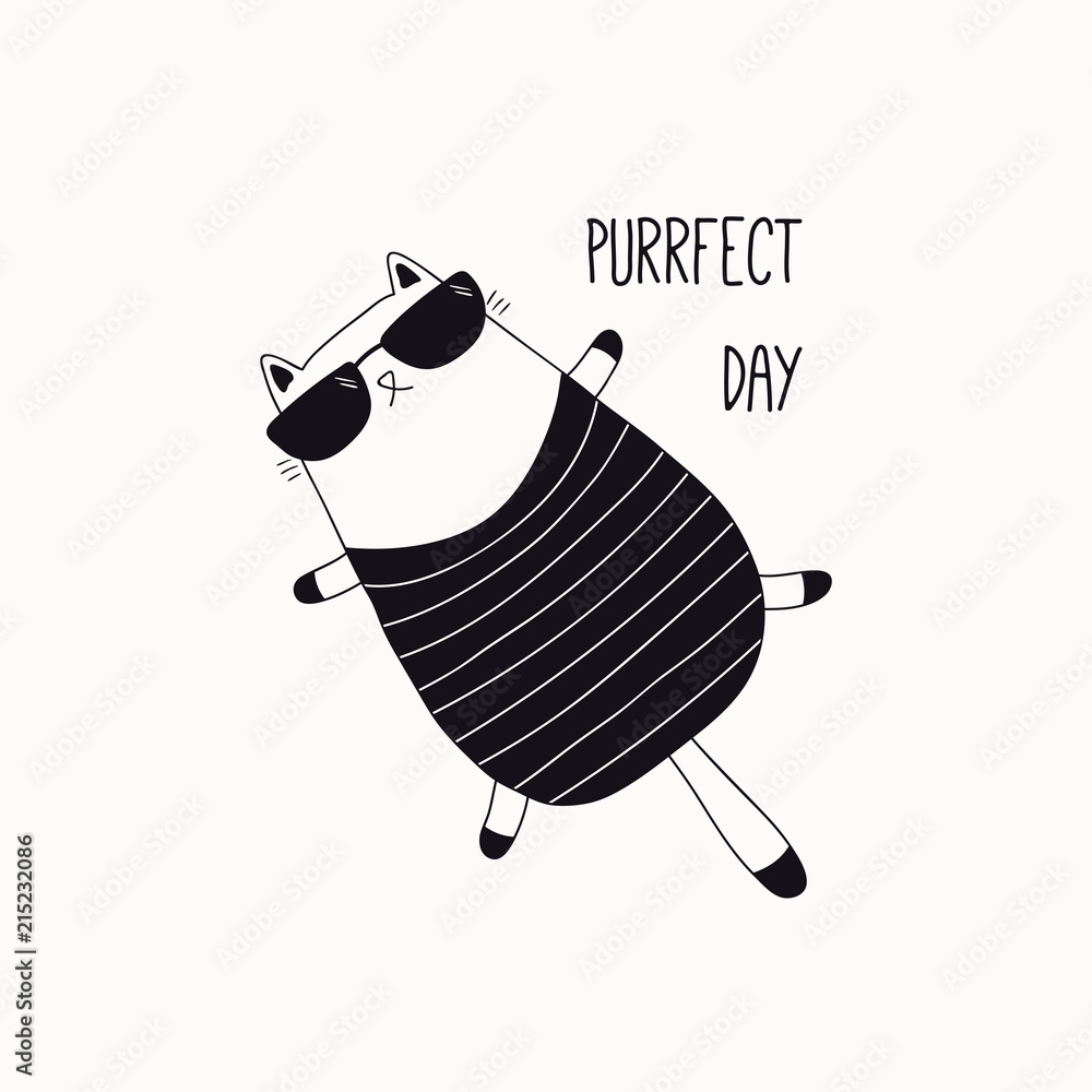 Hand drawn black and white vector illustration of a cute funny cat in a  swimsuit, sunglasses, with quote Purrfect day. Isolated objects. Line  drawing. Design concept for poster, t-shirt print. Stock Vector |