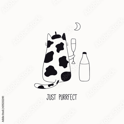 Hand drawn black and white vector illustration of a cute funny cat in a beret, drinking milk, with quote Just purrfect. Isolated objects. Line drawing. Design concept for poster, t-shirt print.