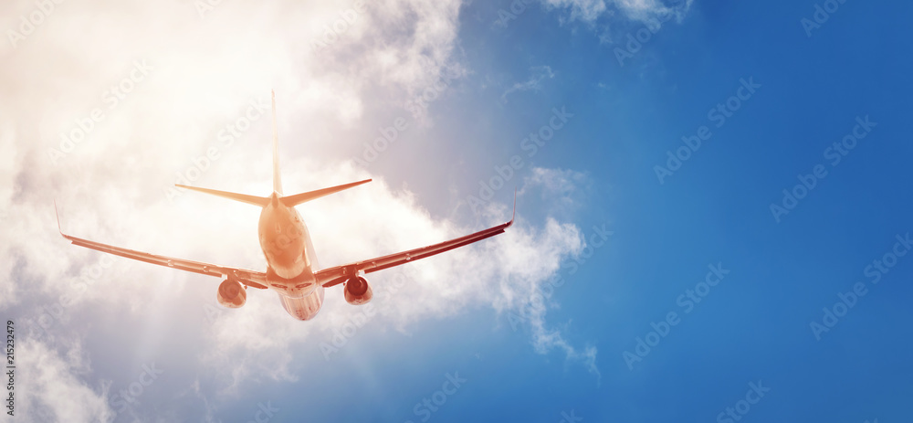 Fototapeta premium plane at landing on blue sky background with white clouds. Airplane turbine and wing view