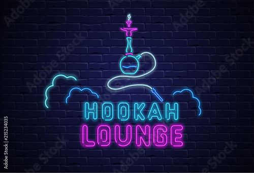 Black hookah lounge background with colorful neon decoration.