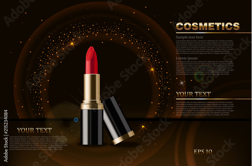 Red lipstick Vector realistic mock up. Cosmetics packaging mock up. Dark sparkling background 3d illustrations