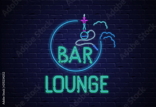 Black hookah bar lounge background with colorful neon decoration.
