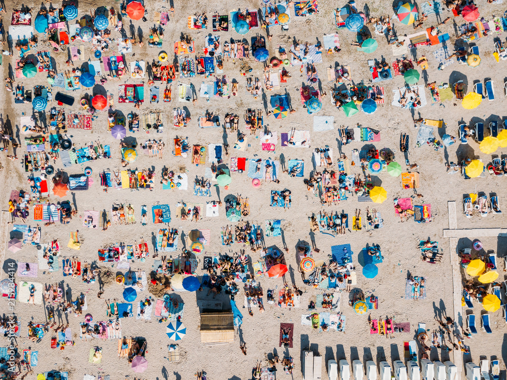 Obraz premium Aerial Summer View Of Crowded Beach Full Of People