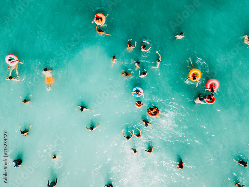 Aerial Summer View Of Clear Ocean Water Full Of Tourists