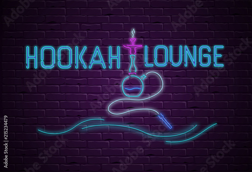 Black hookah lounge background with colorful neon decoration.