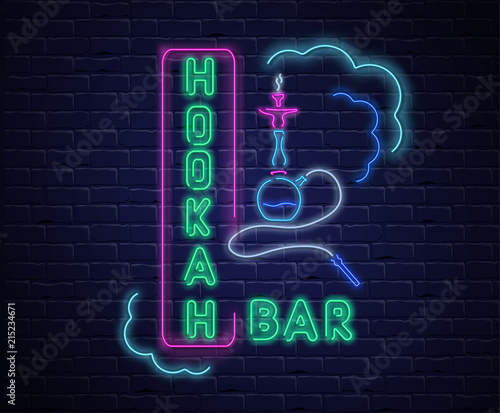 Black hookah bar background with colorful neon decoration.